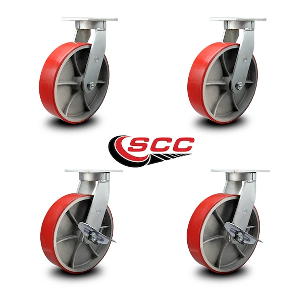 Service Caster 10 Inch Heavy Duty Red Poly on Cast Iron Wheel Swivel Caster Set with 2 Brakes SCC-KP92S1030-PUR-RS-2-SLB-2 - main